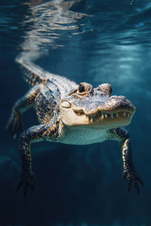 An alligator is captured mid-water in this detailed wildlife image. The composition showcases the reptile's textured skin, sharp teeth, and powerful limbs. Subdued lighting and a dark blue environment create an evocative underwater setting. Suitable for various editorial and commercial projects that require wildlife imagery.の素材