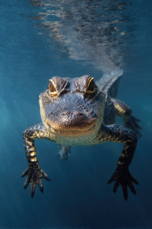 An alligator is captured swimming underwater, displaying its body and head. The image highlights the reptile in a natural environment with clear water and overhead lighting. It presents opportunities for use in nature documentaries, educational resources, or commercial projects related to wildlife.の素材