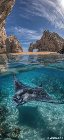 A manta ray gracefully glides underwater, its silhouette contrasting against the vibrant turquoise water. The image reveals a split perspective, with a sunlit sandy beach and dramatic rock formations in the background. This visual could be utilized in travel, nature, or environmental content.の素材