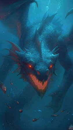 An illustration depicts a mythical dragon submerged in dark blue water. The creature is characterized by sharp teeth and glowing red eyes, suggesting a fierce nature. The artwork showcases detailed textures and underwater lighting effects creating a dramatic scene suitable for various creative projects. It could be used in fantasy illustrations or digital art.の素材