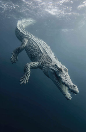 An underwater shot showcases a large crocodile submerged in dark blue water. The reptile's textured skin and open jaws are visible, illuminated by diffused light. The composition features a low-angle perspective, emphasizing the animal's size and strength. Suitable for use in nature documentaries, educational materials, and various commercial projects.の素材