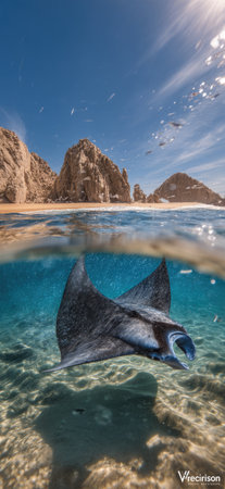 An underwater scene features a manta ray gracefully swimming in clear blue water. The composition is split, showcasing a sandy beach and rocky mountains under a bright sunny sky. The image uses natural light and vibrant colors, offering visual interest suitable for travel, nature, or educational content.の素材