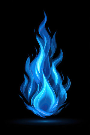 This image features a digitally rendered blue flame, sharply contrasted against a black background. The flameの素材