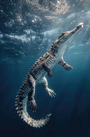An underwater shot features a crocodile submerged in deep blue water. The reptile is seen in profile with its body and tail partially visible. The texture of its skin is detailed. The scene suggests a natural environment. This image could be used for various commercial or editorial purposes.の素材