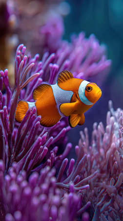 A colorful clownfish is featured swimming in an aquarium, set against a backdrop of purple anemones. The image showcases the fish's bright orange and white markings, with the anemones providing a textured foreground. The composition is likely captured with macro photography, suggesting the image could be used for educational or commercial purposes.の素材