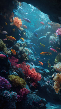 An underwater scene depicts numerous fish swimming amongst vivid coral formations. The image showcases a diverse array of colors and textures, suggesting a marine ecosystem. Bright illumination highlights the scene, providing a detailed view suitable for various commercial and editorial applications.の素材