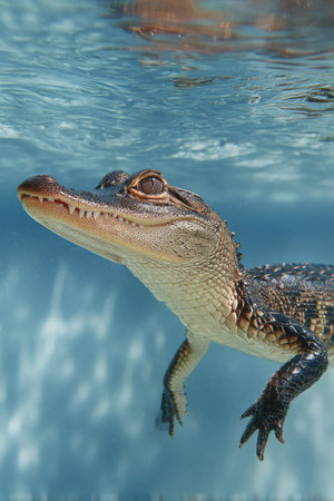 An alligator floats in the water with sunlight illuminating its textured skin and detailed features. The composition provides an underwater perspective, with the creature's form showcased against a soft blue background. This image could be used for educational materials or commercial projects highlighting wildlife.の素材