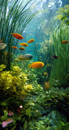 This image presents an underwater environment, showcasing several orange fish swimming amidst aquatic plants. The composition features a variety of green hues, highlighting the plants' textures. The lighting suggests natural sunlight filtering through the water. Suitable for various editorial and commercial applications.の素材