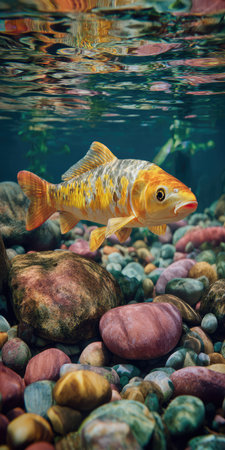An overhead shot reveals a colorful fish in a body of water, its scales reflecting sunlight. The fish, with shades of orange and yellow, swims above a bed of multicolored stones. The image suggests an aquatic environment, with potential for use in educational materials or artistic projects.の素材