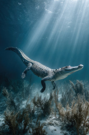 An alligator is seen swimming gracefully in clear, blue water with visible sun rays filtering down. The animal is in focus, showcasing its textured skin and streamlined form. The underwater scene depicts an aquatic environment with plants, suggesting a natural habitat suitable for various commercial or editorial applications.の素材