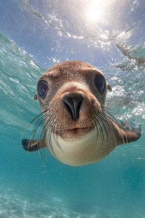 An underwater perspective presents a seal with a focus on its expressive face. The composition showcases cool blues and overhead sunlight, creating a dynamic visual. Suitable for applications requiring marine life imagery, the scene is likely within a natural environment.の素材