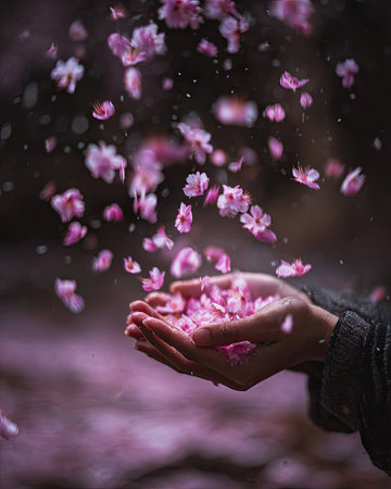 A close-up captures hands cupping falling pink cherry blossom petals. The image features soft lighting and a shallow depth of field, emphasizing the delicate petals and creating a dreamy atmosphere. This photograph could be used for various commercial projects and editorial purposes. The composition suggests a serene, contemplative moment.の素材