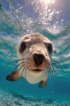 A curious seal is captured in an underwater portrait, with detailed facial features and long whiskers. The scene features transparent blue water with sunlit surface reflections. The overall composition offers a unique perspective that could be used for wildlife publications or environmental campaigns.の素材