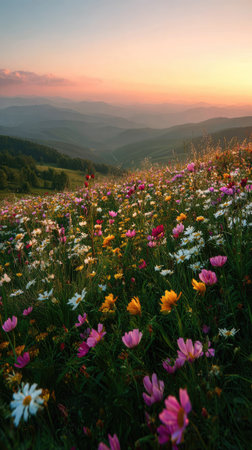 A field of colorful wildflowers dominates the foreground, with various shades of pink, yellow, and white. The composition features a mountainous background, bathed in the warm hues of a setting sun. The scene is illuminated by soft light, suggesting an outdoor environment. This image is suitable for various commercial uses.の素材