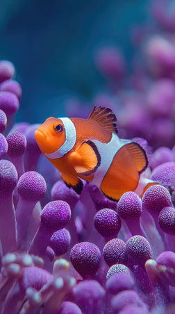 A colorful clownfish is featured swimming amidst a field of purple sea anemones. The image presents vibrant orange, white, and purple hues with a shallow depth of field. This underwater scene, illuminated by natural light, might be suitable for educational materials or design projects.の素材