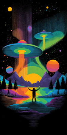 An artistic illustration presents a colorful landscape with UFOs and a silhouetted human figure. Vivid hues create an otherworldly atmosphere. The composition includes mountains, trees, and water under a starry sky. This image may be suitable for science fiction, fantasy, or artistic projects.の素材