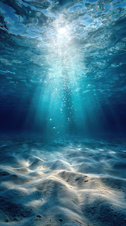 An underwater scene depicts sunlight streaming through ocean waves, illuminating the sandy seabed below. The image showcases shades of blue, creating a cool and inviting atmosphere. It suggests a sense of depth, with light rays piercing the water. This image could be used for various purposes, including editorial content and design projects.の素材