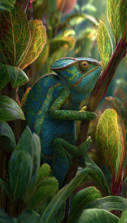 A colorful chameleon is observed resting on a branch surrounded by vivid green leaves. The image presents a close-up perspective with soft lighting and a slightly blurred background. This illustration may be suitable for various commercial uses, including educational resources or nature-themed projects.の素材