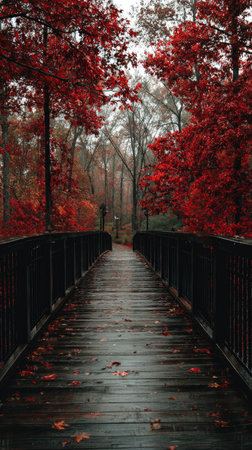 A wooden bridge extends through a forest, lined with trees displaying vibrant red foliage. The scene features a wet wooden surface reflecting the surroundings. The composition suggests an outdoor setting, potentially during autumn. This image could be suitable for various commercial or editorial applications.の素材