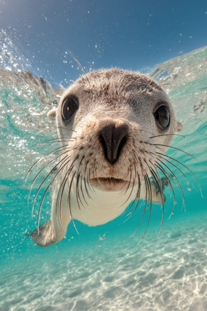 A close-up shot captures a seal underwater with a curious expression. The image features a shallow depth of field, with the animal in focus against a backdrop of clear blue water. It showcases the creature's facial features and whiskers. Suitable for marine life publications and projects.の素材