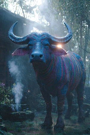 A colorful buffalo stands out with its textured hide and large horns. The animal is lit by soft sunlight, creating a warm glow. The composition shows the buffalo in a natural outdoor setting, with some steam. This image is suitable for various commercial uses, including advertising and editorial content.の素材