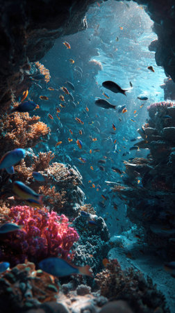 An underwater scene features a coral reef ecosystem teeming with marine life. The image showcases colorful coral formations and various fish species swimming within a deep blue ocean environment. The lighting suggests sunlight filtering through the water. This image is suitable for various commercial uses, including stock photography and educational materials.の素材