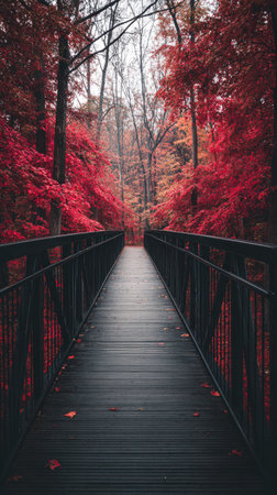 A wooden bridge extends into a forest bursting with red and orange foliage, creating a visually compelling path. The composition features symmetry and depth, with the bridge leading the eye. The overall style appears to be realistic, and the lighting suggests a day. This image could be used for various commercial or editorial applications.の素材