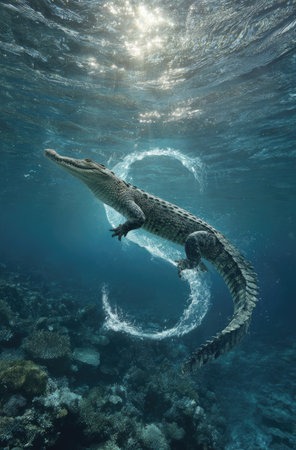 An alligator swims gracefully underwater, its form highlighted by sunlight filtering through the water. A stylized letter appears in the water near the alligator. The composition shows natural colors and textures, possibly suggesting a tropical aquatic environment. This imagery is suitable for various commercial uses.の素材