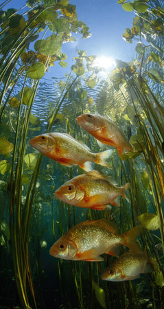 Several goldfish swim amongst aquatic plants under a bright, sunny surface. The image displays natural lighting and a slightly upward camera angle. The scene shows underwater life, highlighting the fish and green vegetation. This image may be suitable for nature illustrations, educational materials, or decorative purposes.の素材