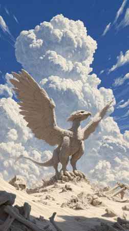 An artistic rendering features a white statue of a winged creature, possibly a griffin or dragon, atop a rocky peak. The artwork displays a bright daytime sky with puffy white clouds, suggesting an outdoor setting. The illustration uses detailed textures and lighting to create a visually appealing composition, suitable for various editorial and commercial applications.の素材