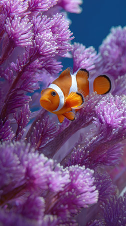 A brightly colored clownfish swims near vibrant purple coral, showcasing a close-up view. The image highlights the detailed texture and color contrast, bathed in soft, diffused lighting. It evokes a sense of underwater serenity suitable for various nature, educational, or decorative applications.の素材