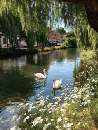 Two elegant white swans glide gracefully on a tranquil waterway surrounded by lush greenery and delicate white flowers. The image captures a serene waterscape with clear reflections and dappled sunlight, creating a peaceful atmosphere. Ideal for editorial content and various design applications.の素材