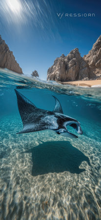An underwater shot captures a large manta ray gracefully gliding through clear water. The scene features a combination of sunlight and shadow, highlighting the ray's shape and texture. This image could be used for educational materials or travel publications, conveying the beauty of marine life.の素材