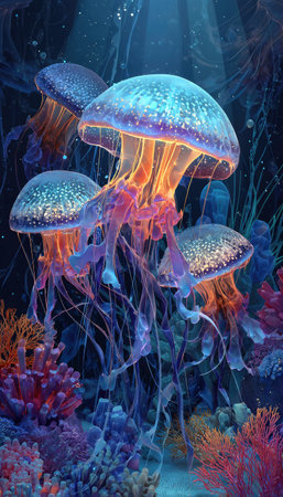 The image captures several jellyfish, exhibiting a mesmerizing display of colors. Their translucent bodies radiate shades of blue, purple, and orange, accented by illuminated textures. The artwork suggests an aquatic environment, perhaps a deep-sea or coral reef setting. This image could be used for various design projects, illustrations, or educational content.の素材
