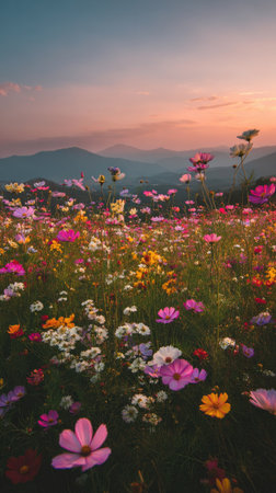 A diverse array of wildflowers fills the foreground, showcasing a spectrum of colors including pink, yellow, and white. The composition features soft lighting that enhances the details and textures of the flowers. A mountain range is visible in the distance, bathed in the warm light of the sunset. This imagery is suitable for various commercial and editorial applications.の素材