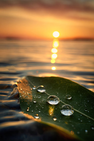 A close-up view depicts water droplets resting on a green leaf floating on water. The background showcases a vibrant sunset over the ocean, with the sun's reflection creating a shimmering effect. The composition uses natural lighting and a shallow depth of field, potentially suitable for environmental or artistic projects.の素材