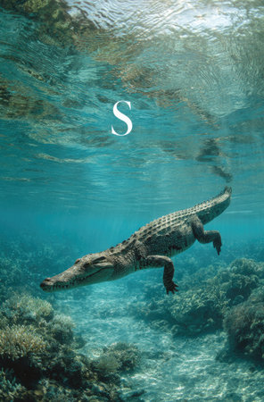 An underwater shot captures a crocodile gracefully gliding through clear, turquoise water. The reptile, with its textured skin, is the focal point, set against a backdrop of coral and rocks. The composition uses natural lighting. Suitable for environmental or educational content.の素材