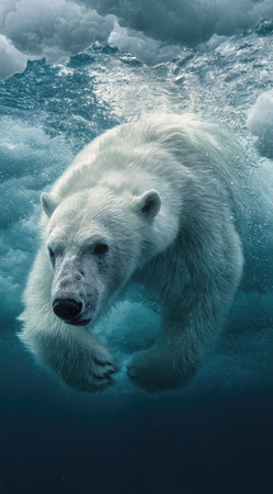 A polar bear swims through the cold, turquoise water. The image features a close-up of the animal's face and body surrounded by icy formations. The lighting creates a dramatic effect. This image is suitable for various commercial uses, including advertising and editorial content.の素材