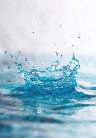 An artistic depiction captures the moment of a water splash, showcasing ripples and droplets. The image features shades of blue against a white background, with soft lighting enhancing the textures. This composition could be used for advertising, design projects, or editorial content related to freshness.の素材