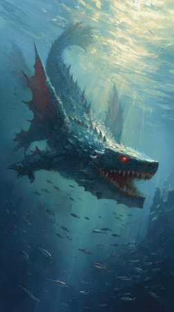 An illustration depicts a large, aquatic dragon swimming in deep ocean waters. The creature has a textured, blue-grey body with sharp fins and teeth. The artwork uses a muted color palette with varying shades of blue, and hints of red. This image could be used for fantasy themed projects or illustrative purposes.の素材