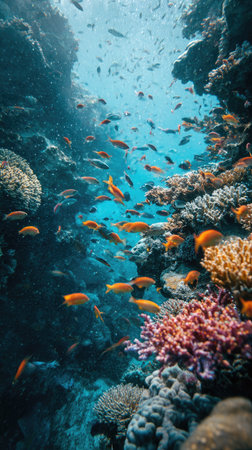 An underwater scene showcases a thriving coral reef teeming with colorful fish. The composition features diverse coral formations in shades of orange, red, and yellow, set against a deep blue background. The lighting suggests sunlight filtering through the water, creating a visually rich environment suitable for various commercial uses.の素材