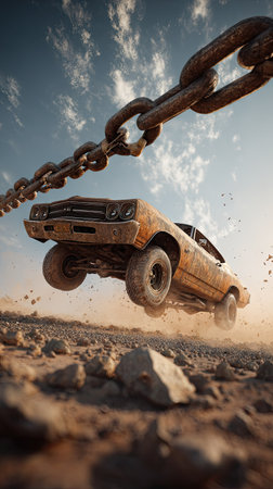 An aged automobile, suspended mid-air, defies gravity above a rough landscape. The image features a rusty color palette, detailed textures, and dynamic composition, enhanced by dramatic lighting. This scene evokes themes of freedom and resilience. Suitable for illustrative or conceptual purposes, applicable in various media projects.の素材