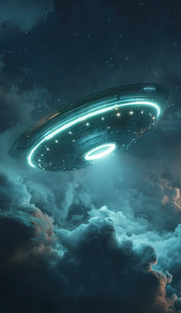An unidentified flying object hovers amidst a dramatic, cloud-filled night sky. The image showcases a metallic, circular spacecraft with emitting bright, glowing lights. The composition highlights the ethereal clouds illuminated by the spacecraft's beams, suggesting a mysterious atmosphere. Suitable for science fiction and conceptual projects, this imagery offers versatile applications.の素材