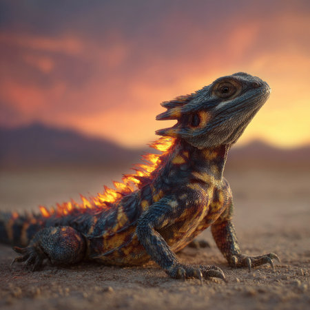 A lizard with intricate patterns is captured in a landscape setting illuminated by warm colors. Its textured skin and the surrounding environment suggests an outdoor setting, possibly during sunrise or sunset. This image could be suitable for various uses, including scientific illustrations or artistic designs.の素材