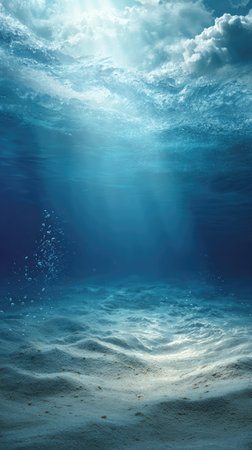 An underwater scene features the ocean depths bathed in sunlight. The image showcases blue hues, with light rays filtering down. Sandy ocean floor is visible. This image may be used in commercial projects, such as for background or atmospheric elements. It evokes a sense of depth and mystery.の素材