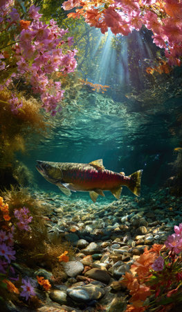 A close-up view reveals a fish swimming underwater in a river. The composition showcases the water's transparency and the surrounding riverbed.  Textures of rocks, and foliage create depth. The scene employs natural lighting and vivid colors. This imagery is suitable for various commercial or editorial applications.の素材