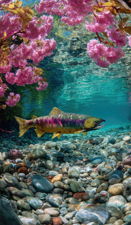 A salmon swims beneath vibrant pink flowering branches in crystal clear water, revealing a rocky riverbed. The scene features natural lighting and a vertical composition. This image could be used for educational materials or for commercial purposes related to nature and wildlife.の素材