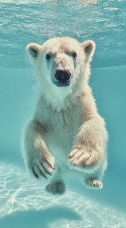 A polar bear cub swims gracefully underwater, captured in a front-facing portrait. The scene displays the bear's fluffy white fur against the backdrop of a bright, turquoise environment. The image uses soft lighting and a centered composition. This versatile image could be used for wildlife documentaries or environmental awareness campaigns.の素材