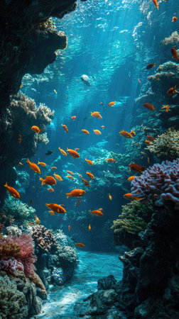 An underwater scene features numerous orange fish swimming amidst vibrant coral reefs. The image showcases various textures and colors with blue-green water and sunlight streaming through. This setting evokes a natural underwater environment with potential uses for nature-themed projects, educational materials, or decorative purposes.の素材