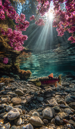 An underwater perspective captures a stream with light filtering through overhead branches. The scene displays clear water and a rocky riverbed, complemented by pink blossoming branches. Sunlight creates a dramatic effect. Suitable for diverse applications, it offers an evocative visual suitable for various commercial uses.の素材